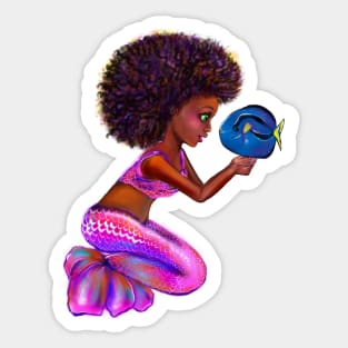 Black anime mermaid with blue tang fish, beautiful  black girl with Afro hair, green eyes, Cherry pink lips and dark brown skin. Hair love ! Sticker